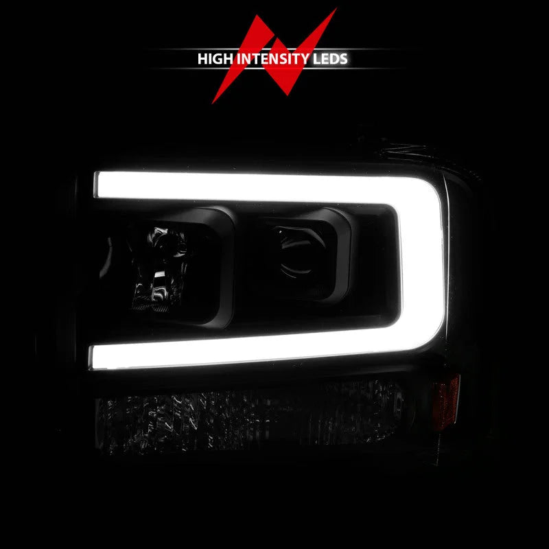ANZO 99-04 Ford F250/F350/F450/Excursion (excl 99) Projector Headlights - w/ Light Bar Black Housing - Installation View