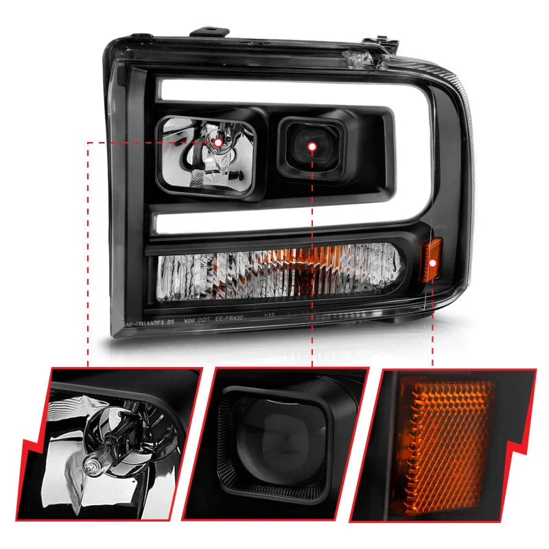 ANZO 99-04 Ford F250/F350/F450/Excursion (excl 99) Projector Headlights - w/ Light Bar Black Housing - Additional View 5
