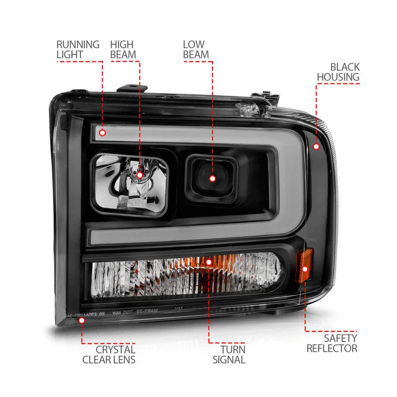 ANZO 99-04 Ford F250/F350/F450/Excursion (excl 99) Projector Headlights - w/ Light Bar Black Housing - Additional View 6