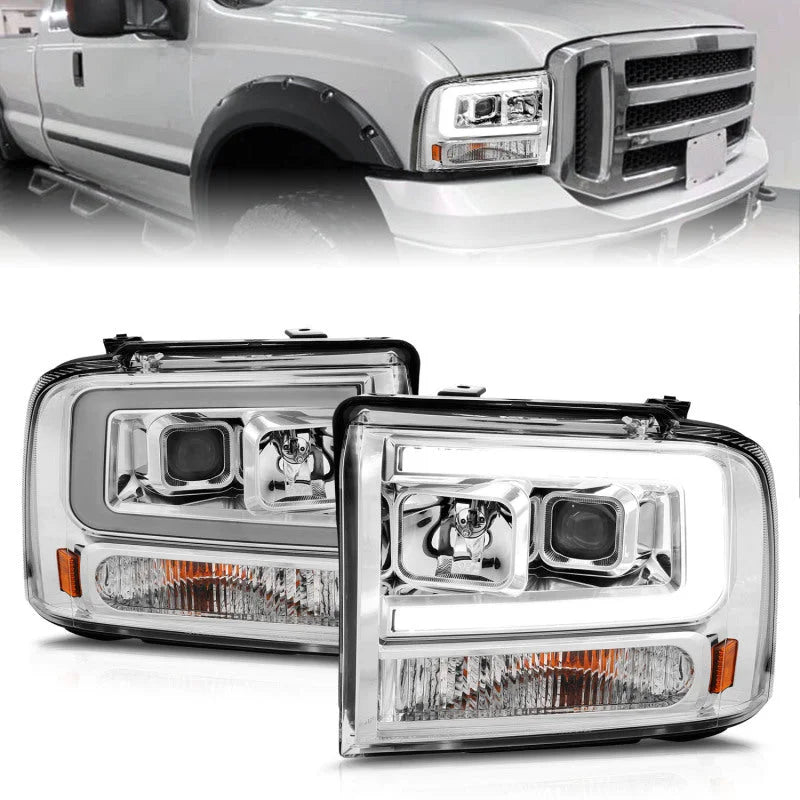 ANZO 99-04 Ford F250/F350/F450/Excursion (excl 99) Projector Headlights - w/Light Bar Chrome Housing - Main Product View