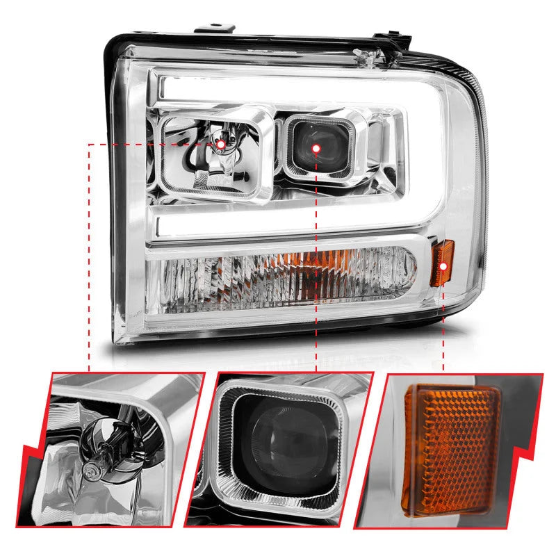 ANZO 99-04 Ford F250/F350/F450/Excursion (excl 99) Projector Headlights - w/Light Bar Chrome Housing - Back View