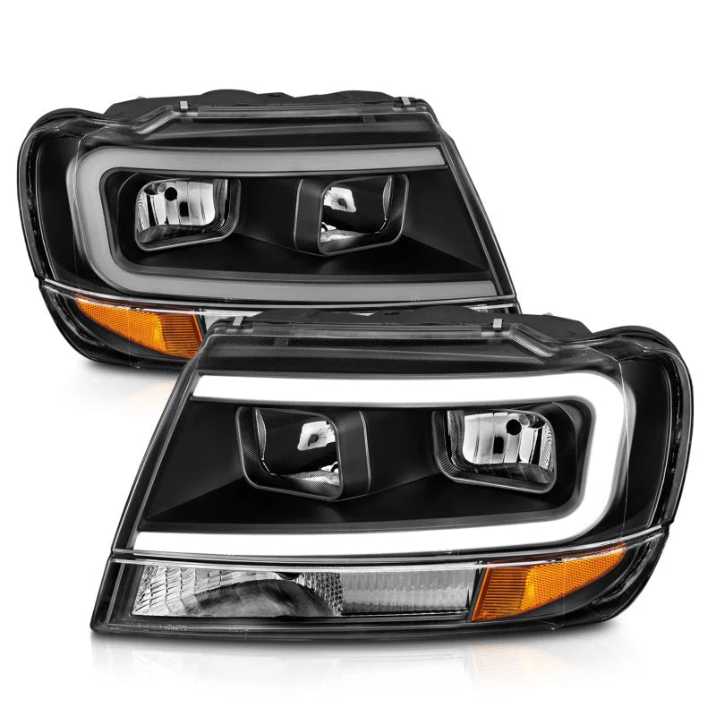 ANZO 99-04 Jeep Grand Cherokee Crystal Headlights - w/ Light Bar Black Housing - Installation View