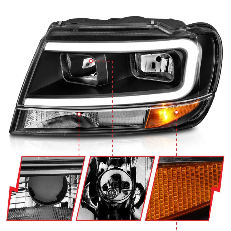 ANZO 99-04 Jeep Grand Cherokee Crystal Headlights - w/ Light Bar Black Housing - Additional View 6