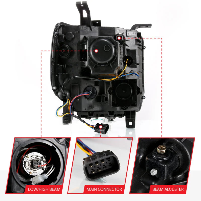ANZO GMC SIERRA 1500 14-15 2500H/15-19 Projector Headlight Plank Style Black w/ Switchback (Halogen) - Side View