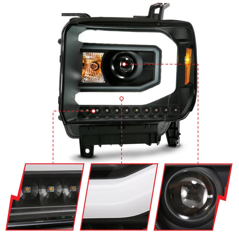 ANZO GMC SIERRA 1500 14-15 2500H/15-19 Projector Headlight Plank Style Black w/ Switchback (Halogen) - Back View