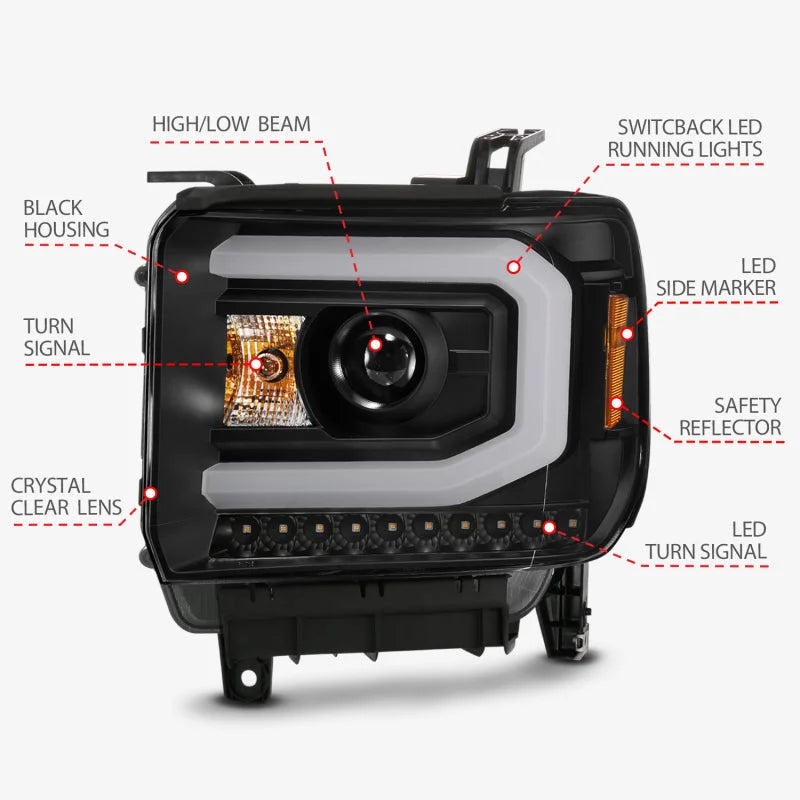 ANZO GMC SIERRA 1500 14-15 2500H/15-19 Projector Headlight Plank Style Black w/ Switchback (Halogen) - Additional View 6