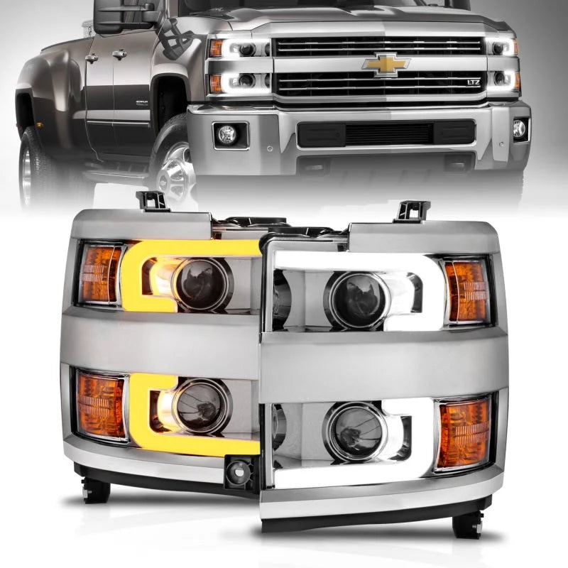 ANZO Projector Headlights 15-17 Chevrolet Silverado 2500HD / 3500HD Chrome w/ Chrome Rim - Main Product View