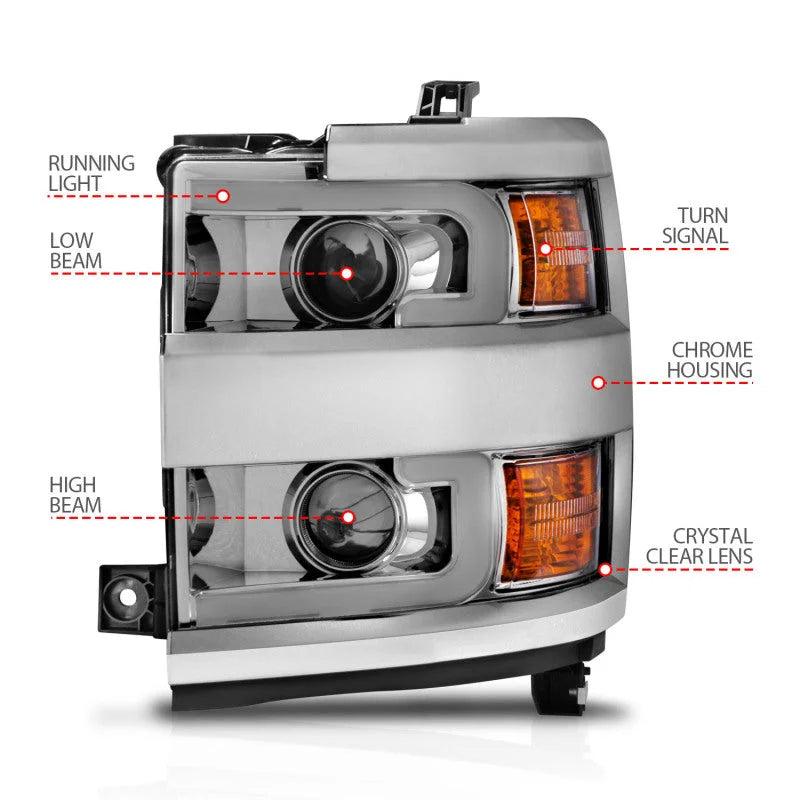 ANZO Projector Headlights 15-17 Chevrolet Silverado 2500HD / 3500HD Chrome w/ Chrome Rim - Installation View