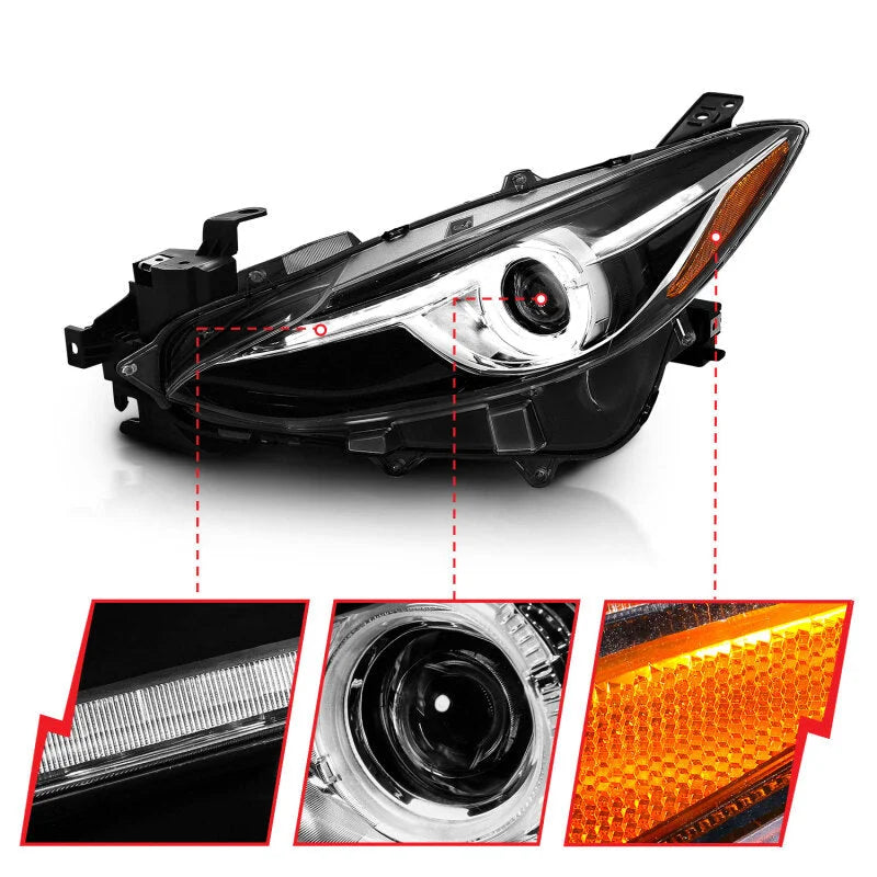 ANZO Projector Headlights With Halo Black w/Amber 14-17 Mazda 3 - Back View