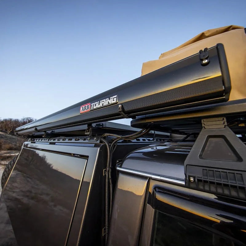 ARB Aluminum Awning, Black Frame, 8.2FT x 8.2FT, Installed with LED Light Strip - Side View
