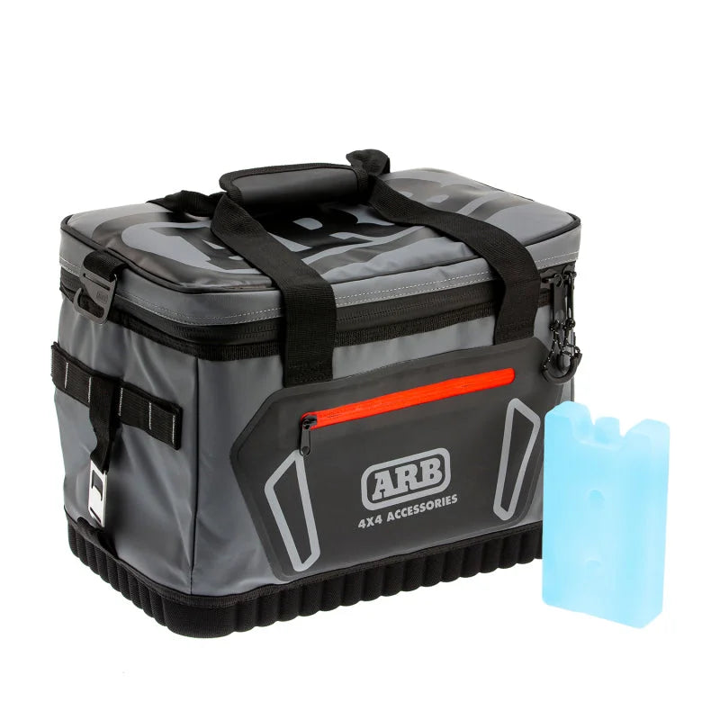 ARB Cooler Bag Charcoal w/ Red Highlights 15in L x 11in W x 9in H Holds 22 Cans - Installation View