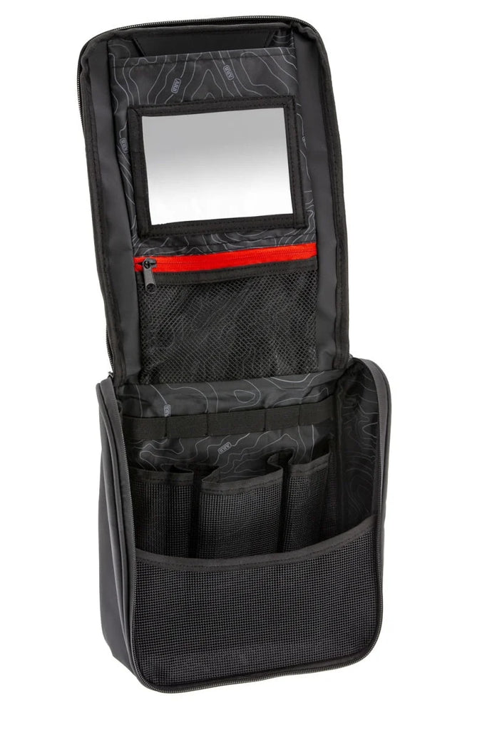 ARB Toiletries Bag Charcoal Finish w/ Red Highlights PVC Outer Shell Mesh Pockets Mirror - Back View