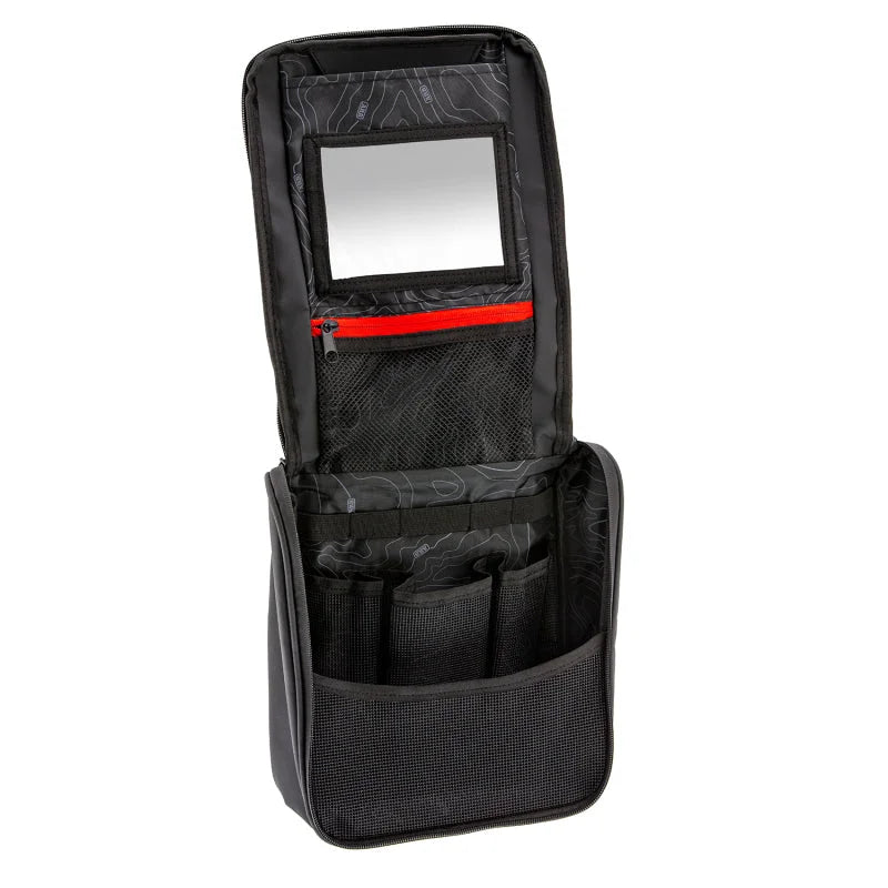 ARB Toiletries Bag Charcoal Finish w/ Red Highlights PVC Outer Shell Mesh Pockets Mirror - Installation View