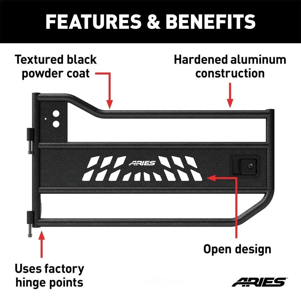 ARIES 1500200 Black Aluminum Front Tube Half Doors 1500200 fits 2018-2019 Jeep Wrangler / Gladiator - Back View
