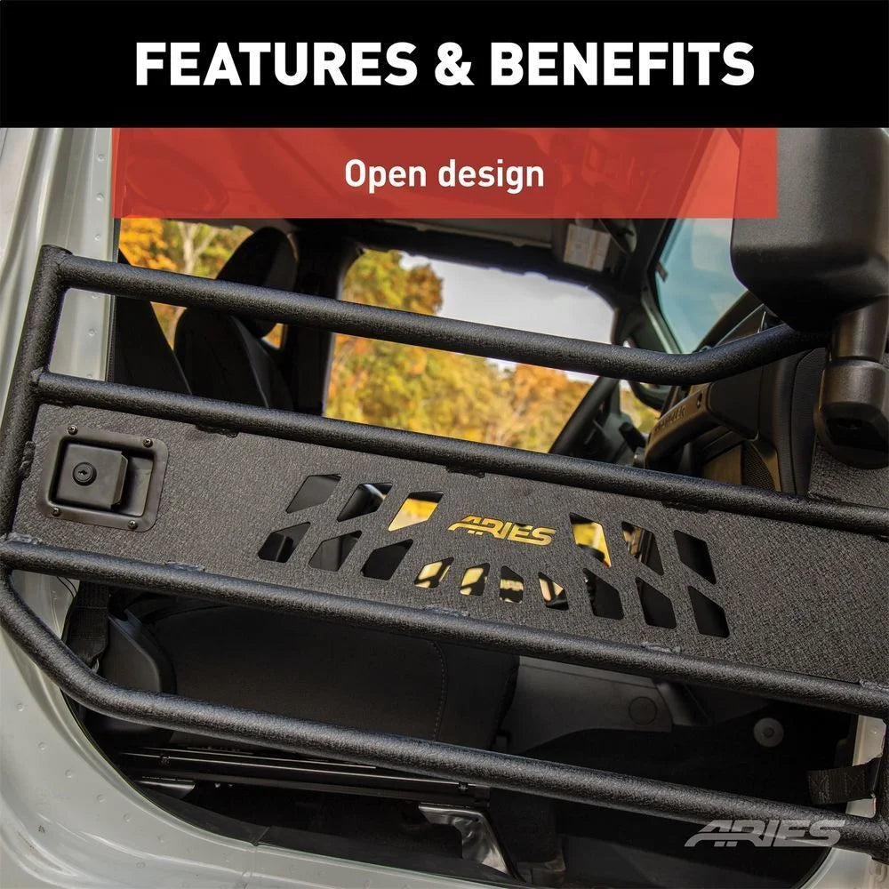 ARIES 1500200 Black Aluminum Front Tube Half Doors 1500200 fits 2018-2019 Jeep Wrangler / Gladiator - Installation View