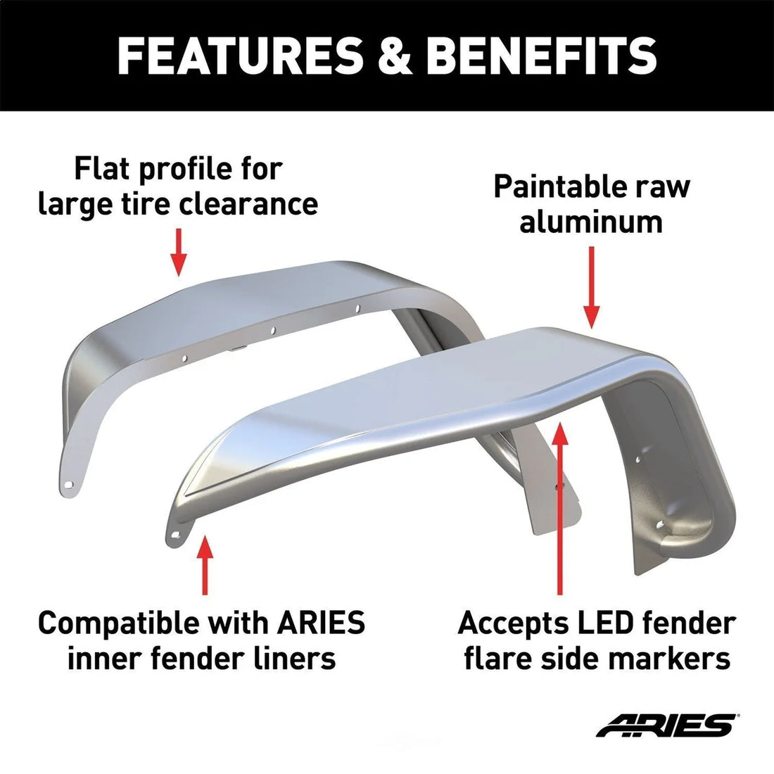 ARIES 1500202 Paintable Raw Aluminum Front Fender Flares 1500202 fits Jeep Wrangler JK - Back View