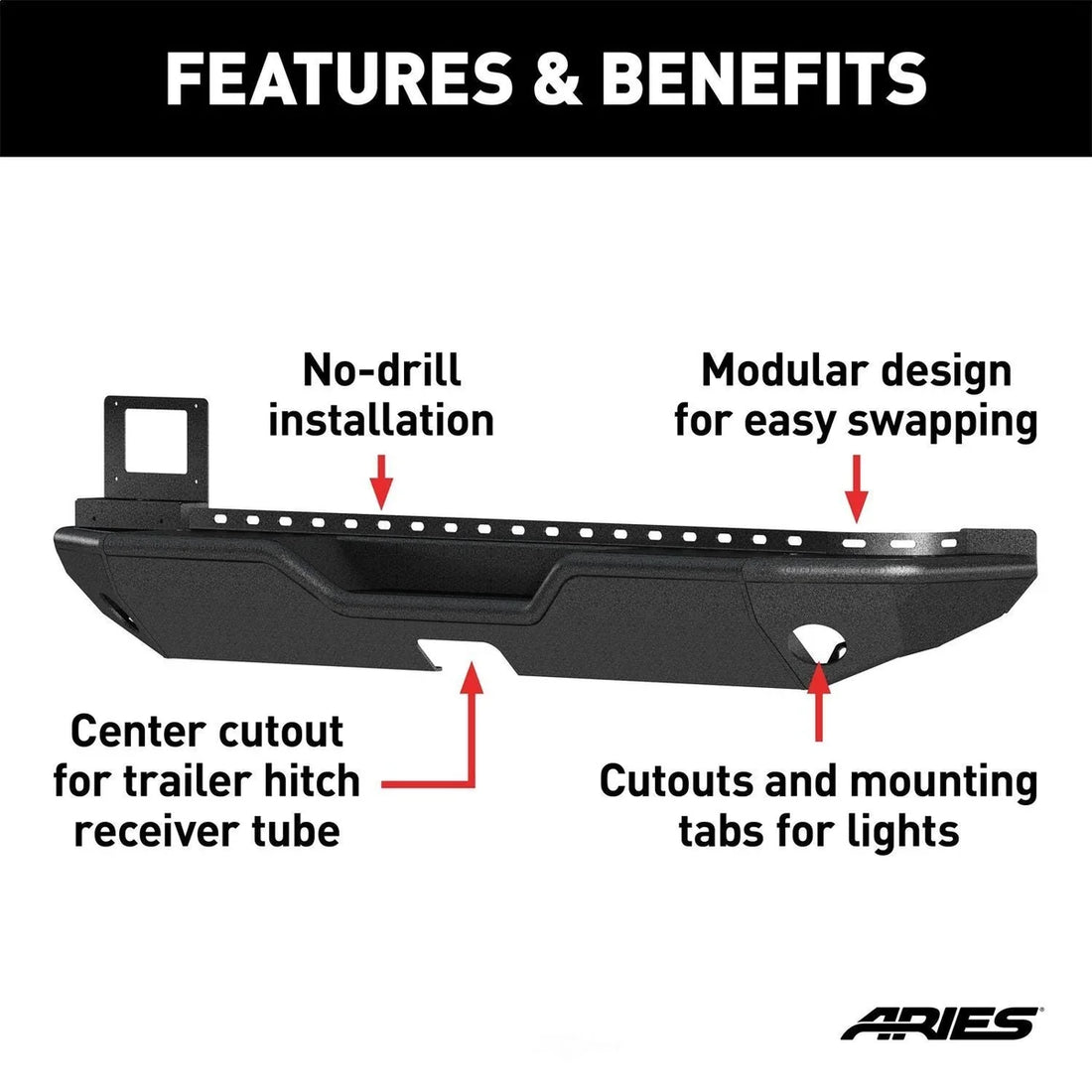 ARIES 2082080 TrailChaser Black Steel Rear Bumper 2082080 fits 2018-2019 Jeep Wrangler Rubicon - Back View