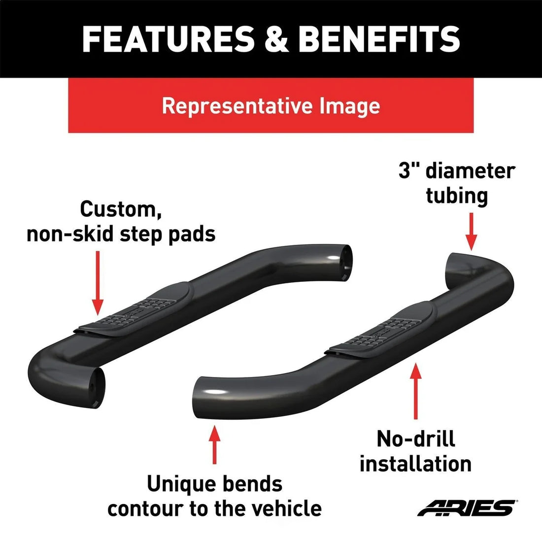 ARIES 3" Round Black Steel Side Bars 203014 fits Ford F-250 / F-350 Super Duty - Additional View 8