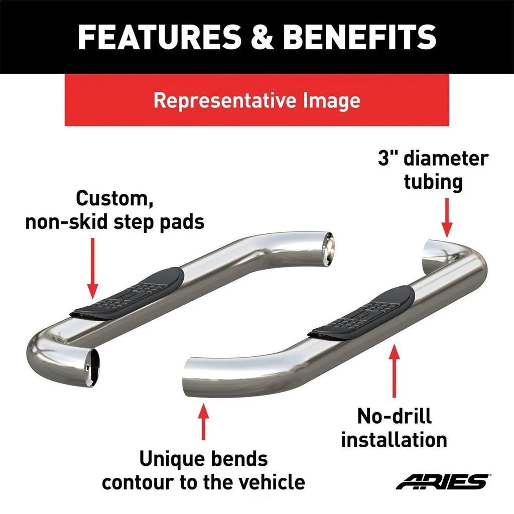 ARIES 3" Round Polished Stainless Side Bars 203045-2 fits Ford F-150 / F-250 / F-350 - Additional View 7