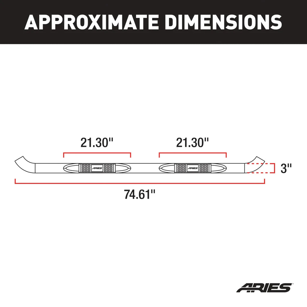 ARIES 3" Round Polished Stainless Side Bars 205008-2 fits Dodge Ram 1500 / Ram 2500 / Ram 3500 - Detail View
