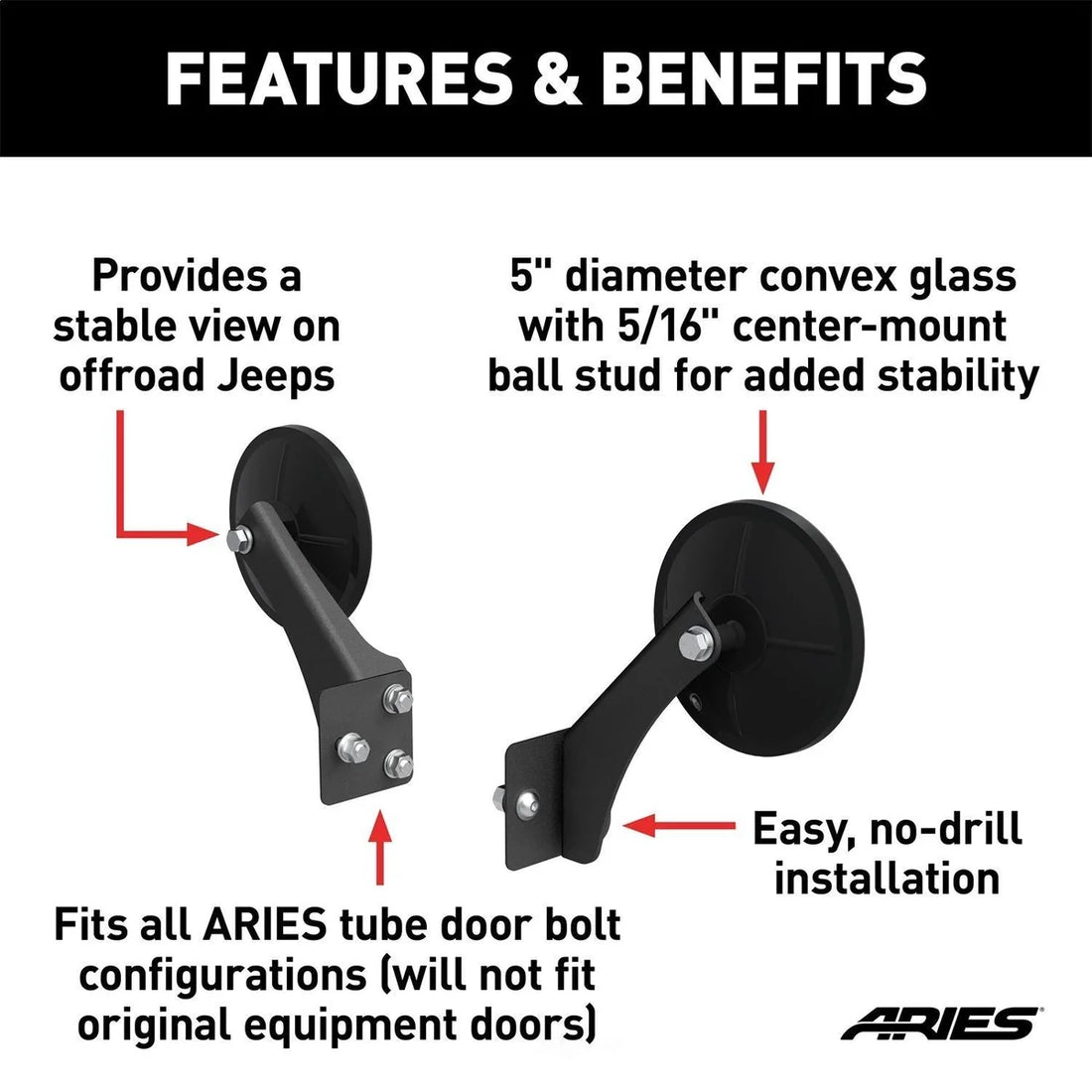 ARIES 3500300 Offroad Half Tube Door Mirrors, 2-Pack 3500300 fits Jeep Wrangler / Gladiator - Additional View 5
