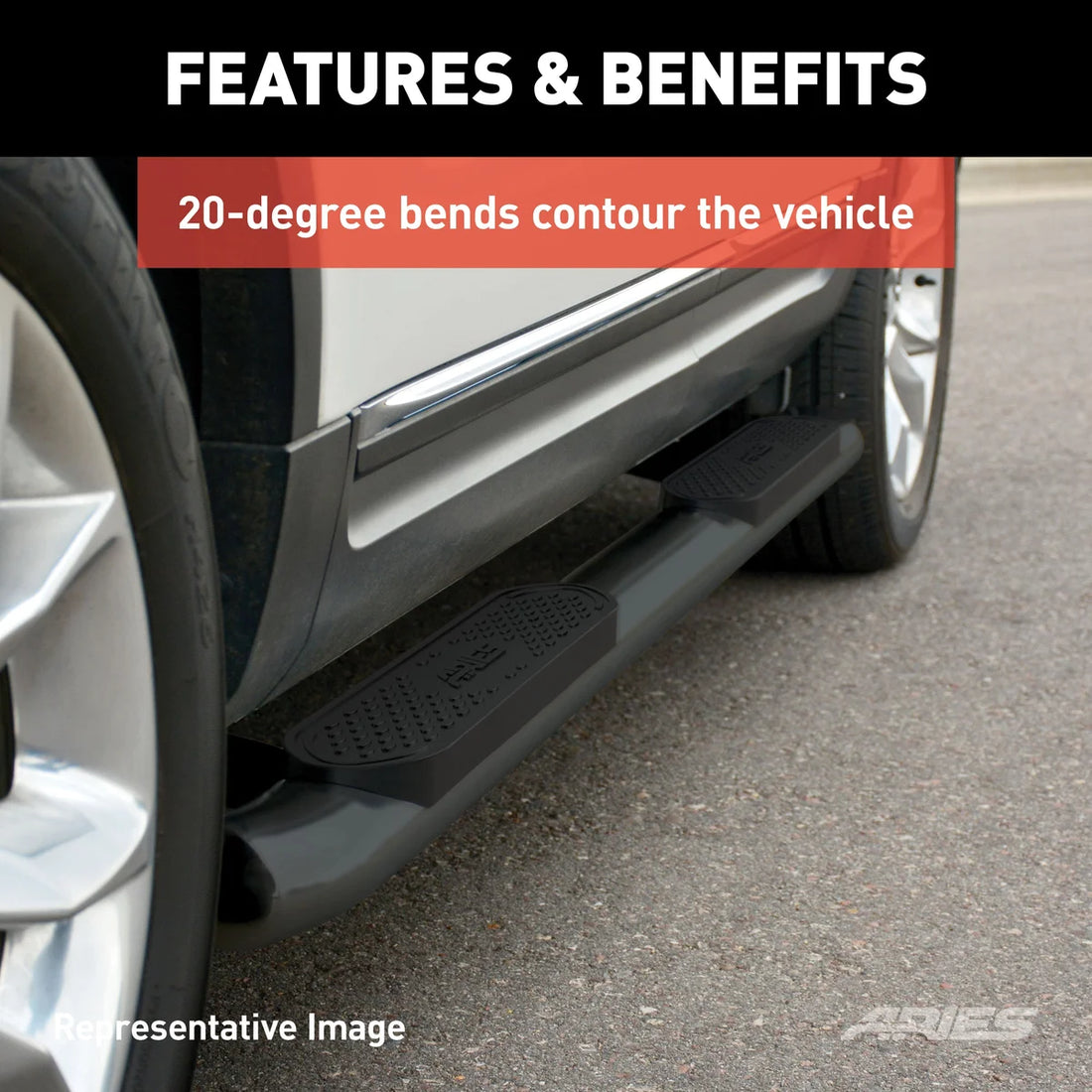 ARIES 4" Black Steel Oval Side Bars S223044 fits Ford F-150 / F-250 / F-350 / F-450 / F-550 - Side View