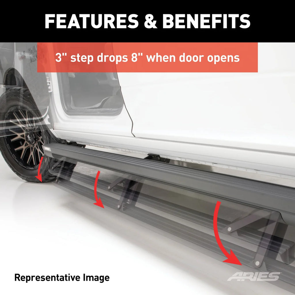 ARIES ActionTrac 83.6" Powered Running Boards Crew Cab 3047902 fits Chevrolet Silverado / GMC Sierra - Side View