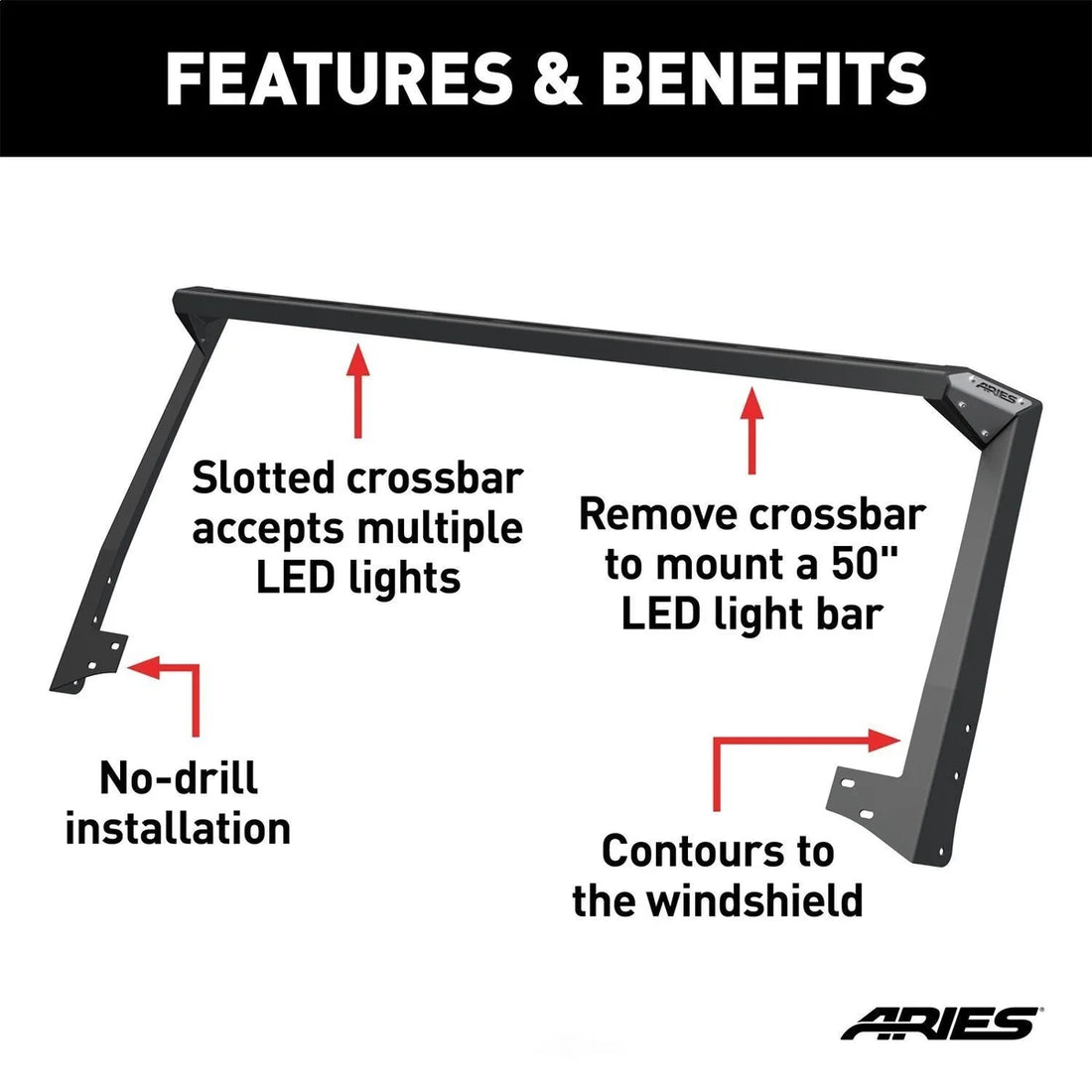 ARIES Jeep JK Roof Light Mounting Brackets & Crossbar 15914 fits 2007-2017 Jeep JK / Wrangler - Back View