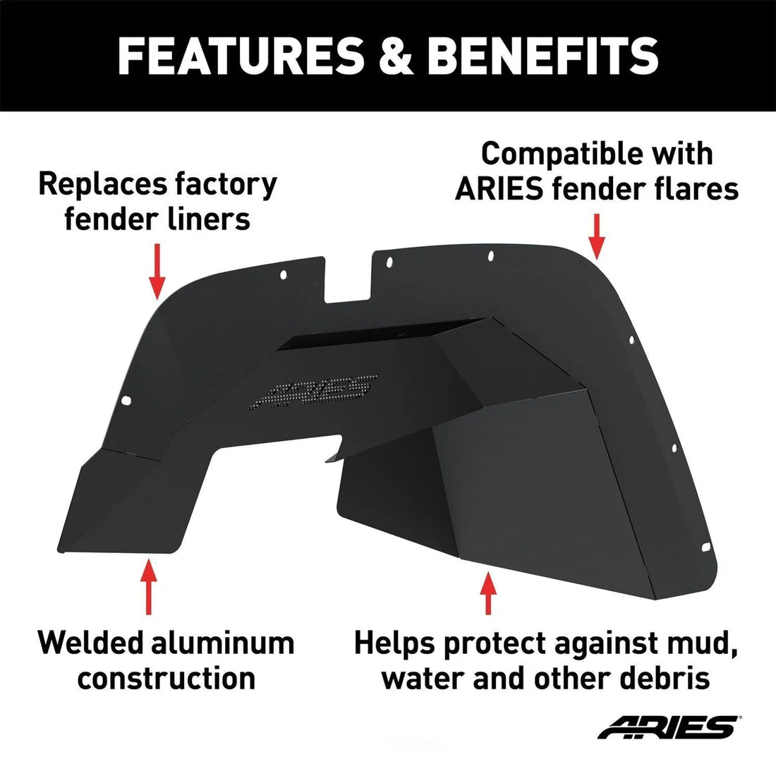 ARIES Jeep Wrangler JK Aluminum Front Inner Fender Liners 1500350 fits Jeep Wrangler - Back View