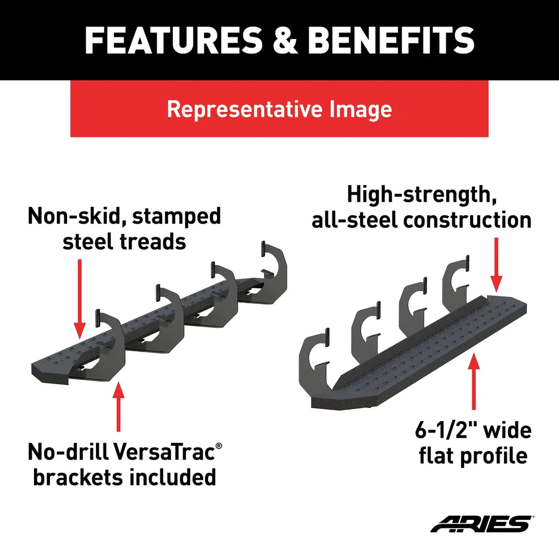 ARIES RidgeStep 6-1/2" x 75" Black Steel Running Boards 2055551 fits Chevrolet Silverado / GMC Sierra CREW CAB - Detail View