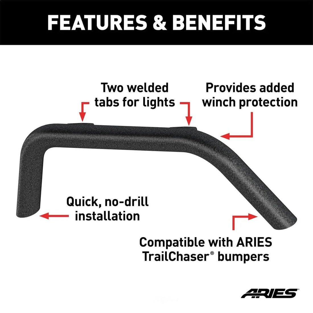 ARIES TrailChaser Aluminum Front Bumper Round Brush Guard 2081255 fits Jeep Wrangler - Back View