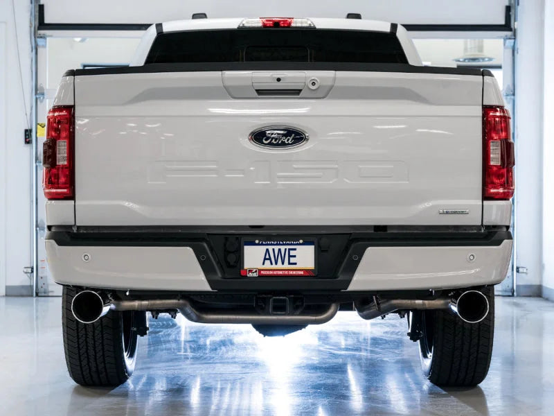 AWE 0FG 21+ Ford F150 Dual Split Rear Exhaust - 5in Chrome Silver Tips - Side View