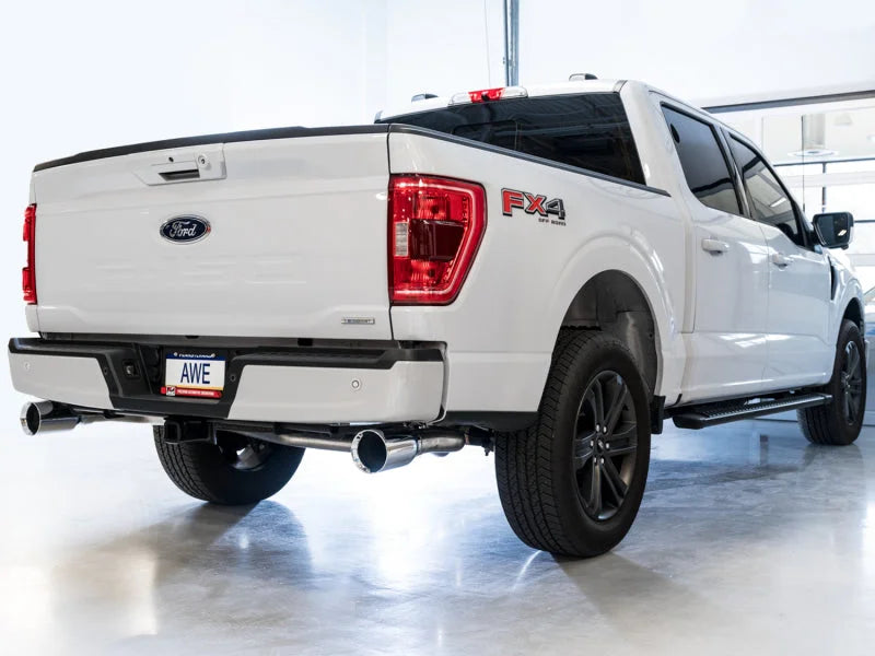 AWE 0FG 21+ Ford F150 Dual Split Rear Exhaust - 5in Chrome Silver Tips - Back View