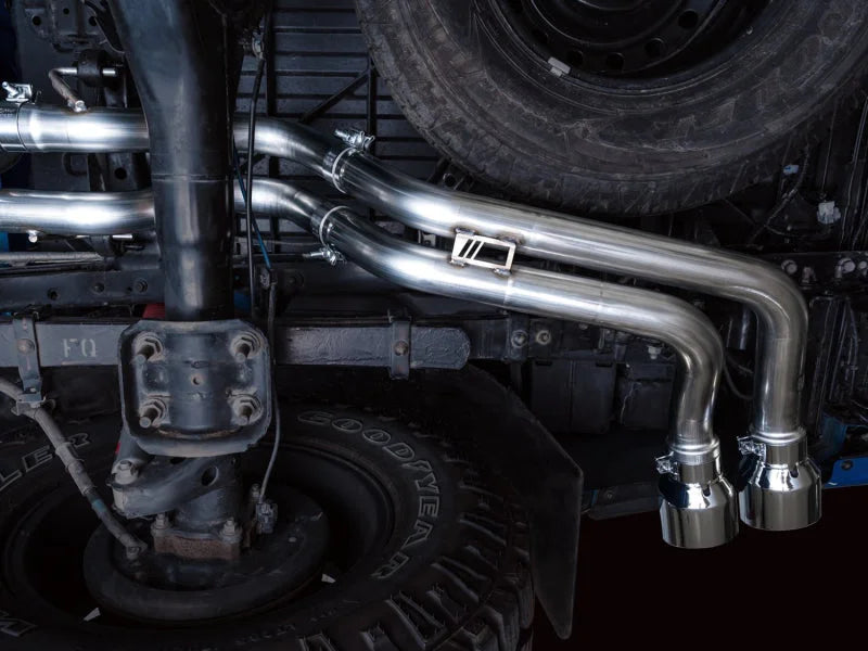 AWE 16-22 Toyota Tacoma 0FG Catback Exhaust w/ BashGuard - Dual Chrome Silver Tips - Side View