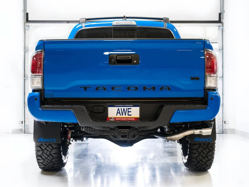 AWE 16-22 Toyota Tacoma 0FG Catback Exhaust w/ BashGuard - Dual Chrome Silver Tips - Back View
