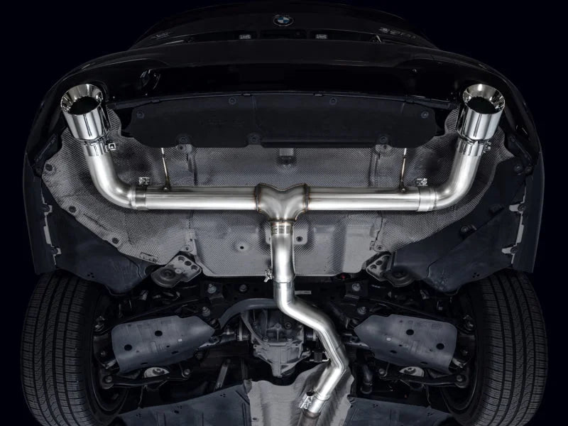 AWE 19-23 BMW 330i / 21-23 BMW 430i Base G2X Track Edition Axle Back Exhaust - Chrome Silver - Side View
