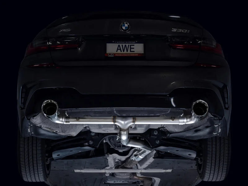 AWE 19-23 BMW 330i / 21-23 BMW 430i Base G2X Track Edition Axle Back Exhaust - Chrome Silver - Installation View