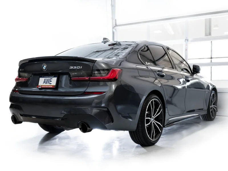 AWE 19-23 BMW 330i / 21-23 BMW 430i Base G2X Track Edition Axle Back Exhaust - Diamond Black - Side View