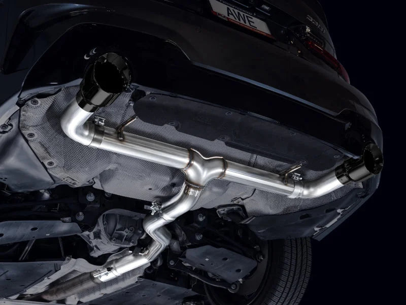AWE 19-23 BMW 330i / 21-23 BMW 430i Base G2X Track Edition Axle Back Exhaust - Diamond Black - Back View