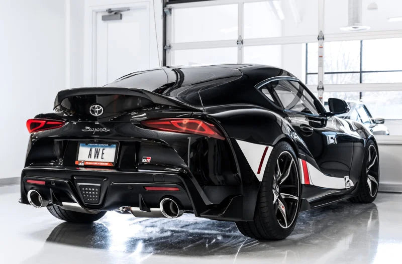 AWE 2020 Toyota Supra A90 Non-Resonated Touring Edition Exhaust - 5in Chrome Silver Tips - Back View