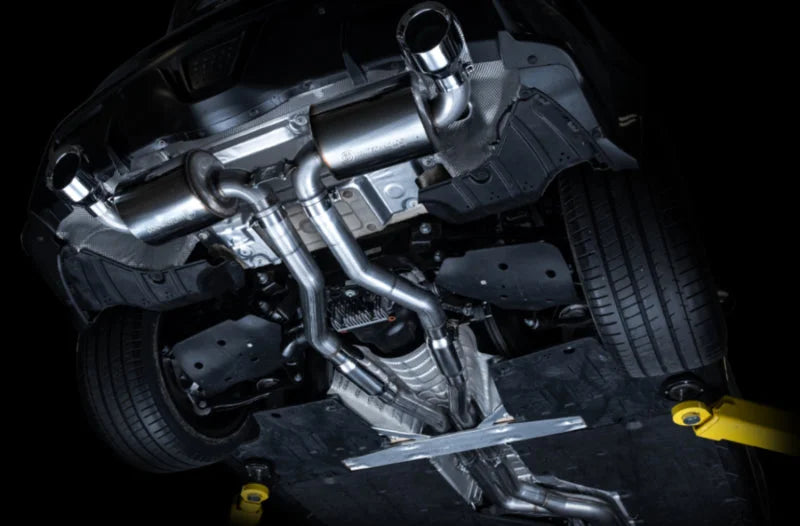 AWE 2020 Toyota Supra A90 Resonated Touring Edition Exhaust - 5in Chrome Silver Tips - Back View