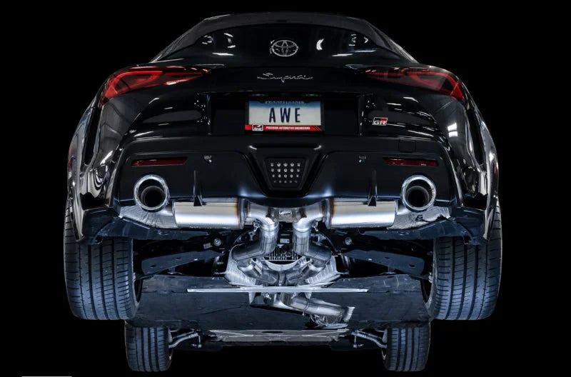 AWE 2020 Toyota Supra A90 Resonated Touring Edition Exhaust - 5in Chrome Silver Tips - Installation View