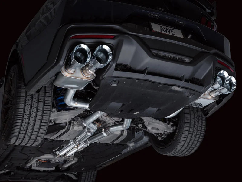 AWE 2024 Ford Mustang Dark Horse S650 RWD SwitchPath Catback Exhaust w/ Quad Chrome Silver Tips - Back View