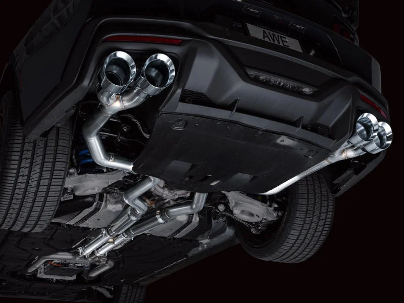 AWE 2024 Ford Mustang Dark Horse S650 RWD Track Edition Catback Exhaust w/ Quad Chrome Silver Tips - Side View