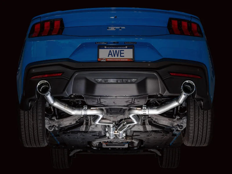 AWE 2024 Ford Mustang GT Fastback S650 RWD Track Edition Catback Exhaust w/ Dual Chrome Silver Tips - Installation View