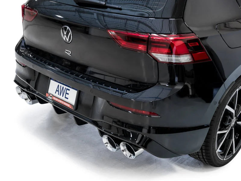 AWE MK8 Volkswagen Golf R 3in Touring Edition Quad Exhaust - Chrome Silver Tips - Side View