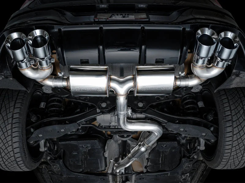 AWE MK8 Volkswagen Golf R 3in Touring Edition Quad Exhaust - Chrome Silver Tips - Back View
