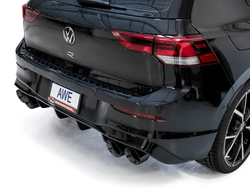 AWE MK8 Volkswagen Golf R 3in Touring Edition Quad Exhaust - Diamond Black Tips - Side View