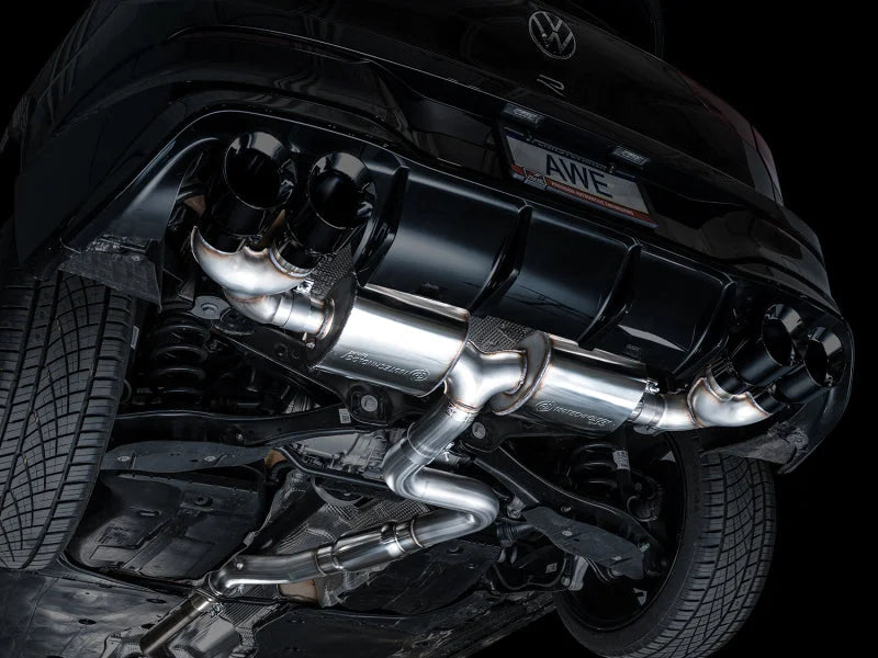 AWE MK8 Volkswagen Golf R 3in Touring Edition Quad Exhaust - Diamond Black Tips - Back View