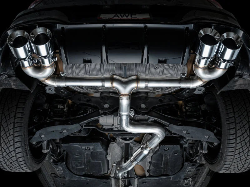 AWE MK8 Volkswagen Golf R 3in Track Edition Quad Exhaust - Chrome Silver Tips - Side View